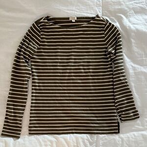 J. Crew Factory Boat Neck Olive and White Striped Long Sleeve Tee